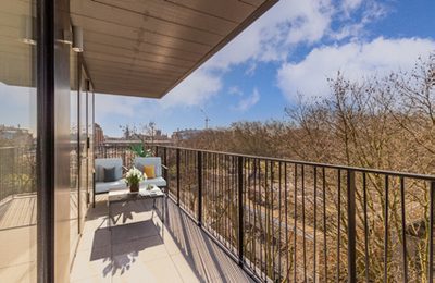 Camley Street balcony with London skyline view